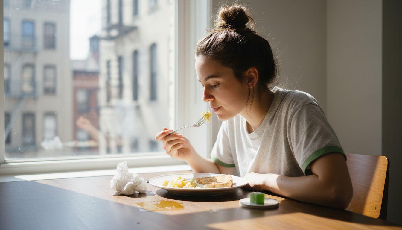 Woman eating meal with THC gummy on table