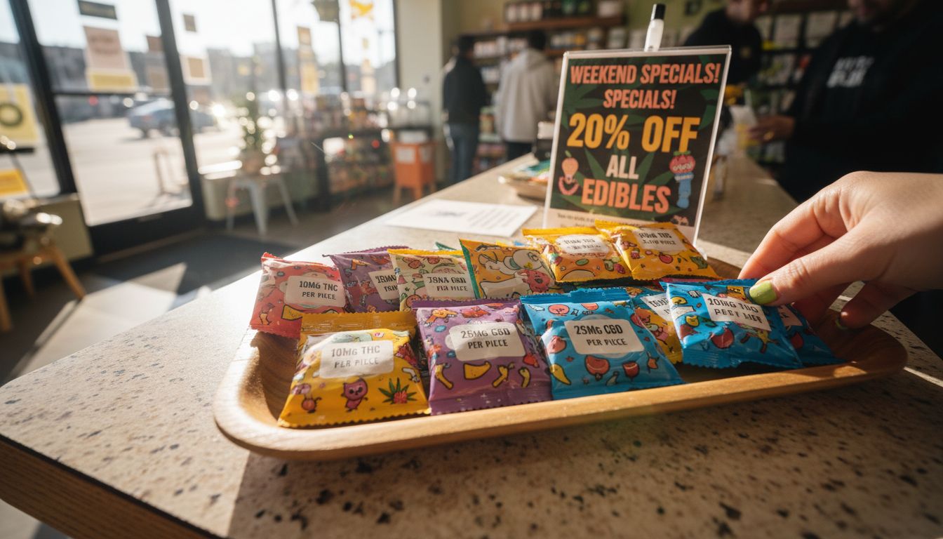 Variety of recreational cannabis edibles on tray