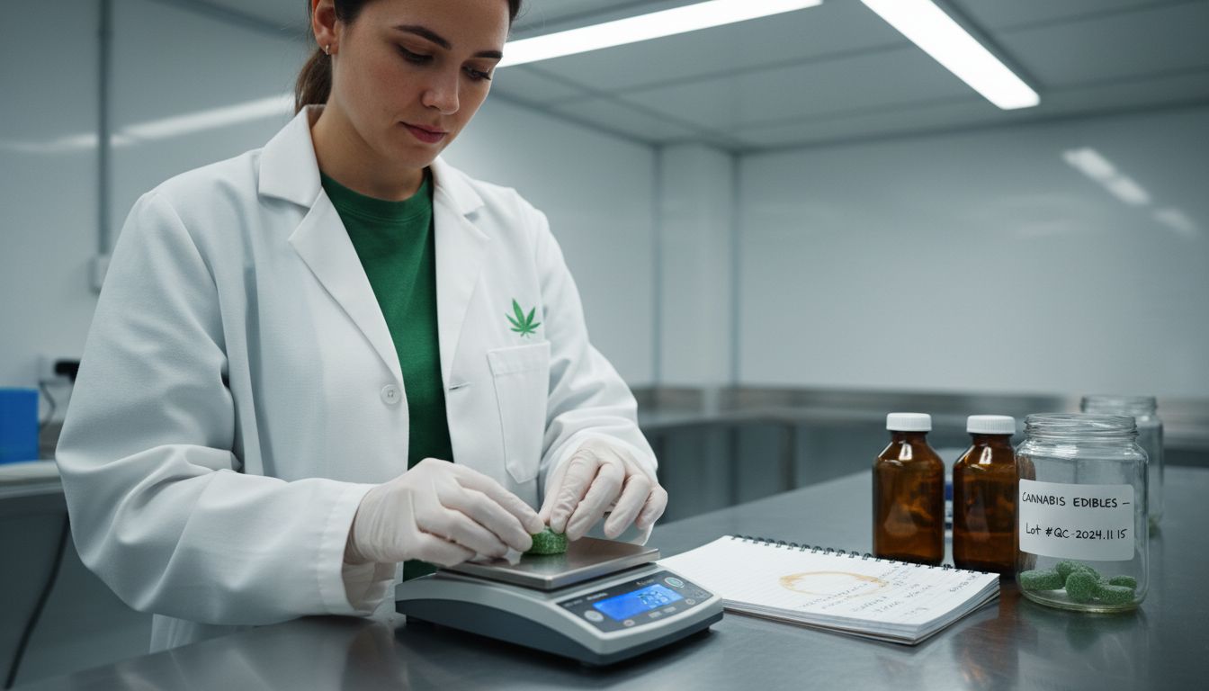 Lab technician weighing cannabis edible sample