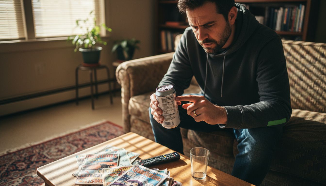 Man reading THC seltzer can label