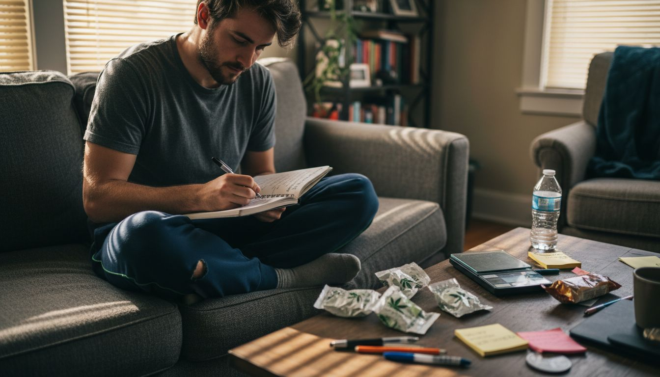 Man journaling hemp edible dosage experience