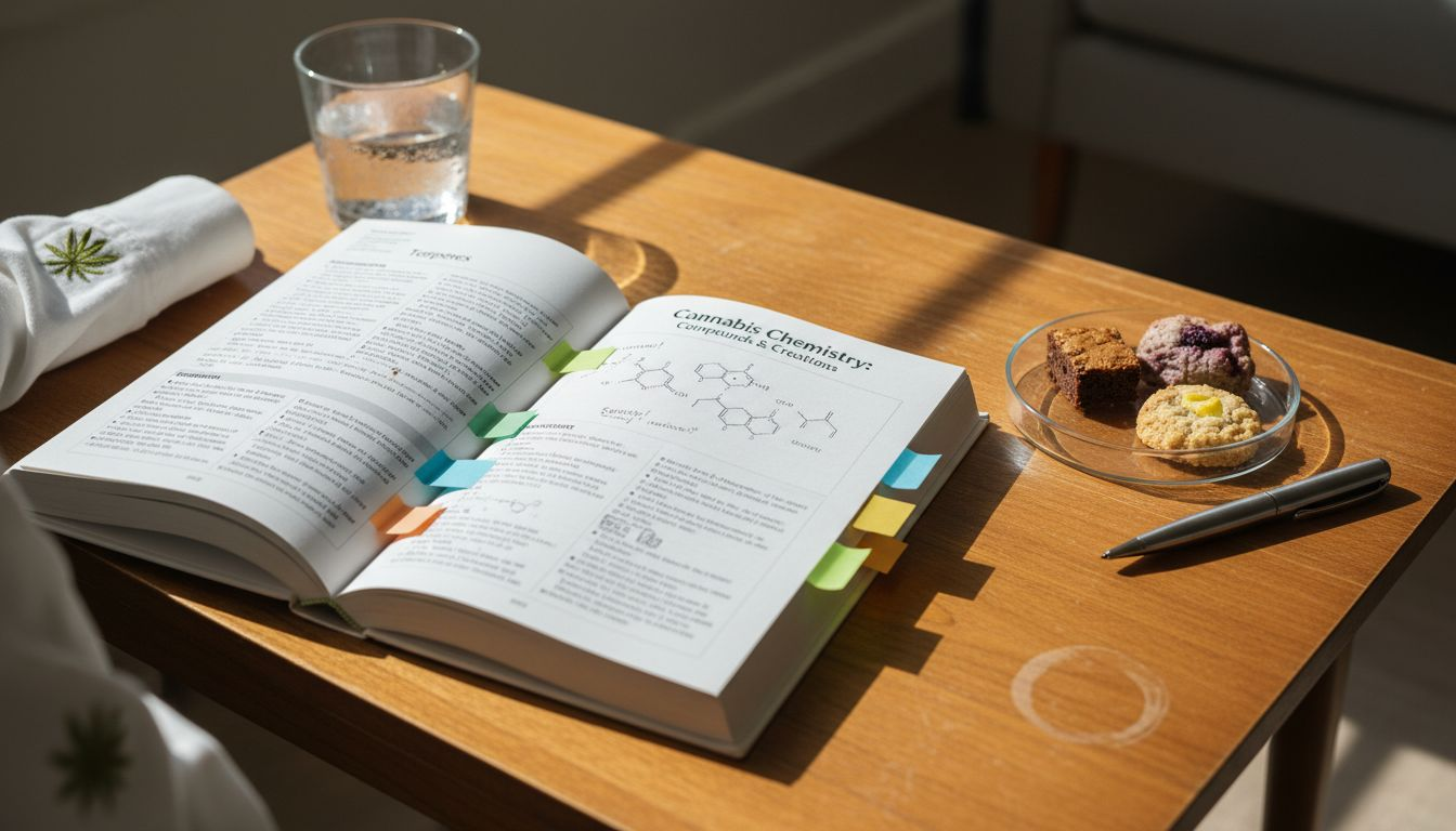 Terpene textbook and edible samples on table