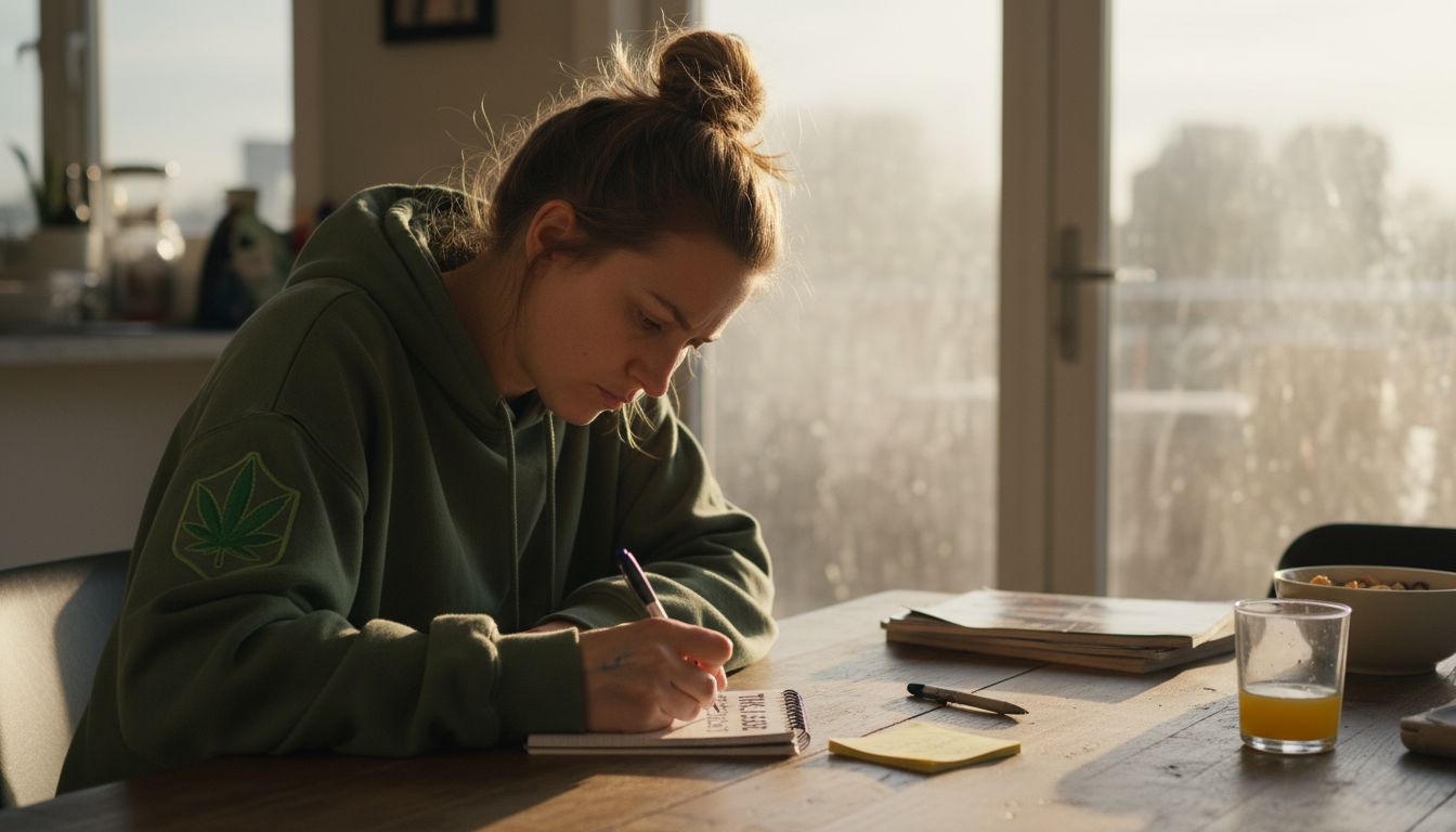 Woman writes THC syrup dosage in notebook
