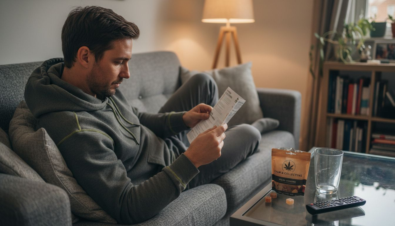 Man reading cannabis gummies leaflet on sofa