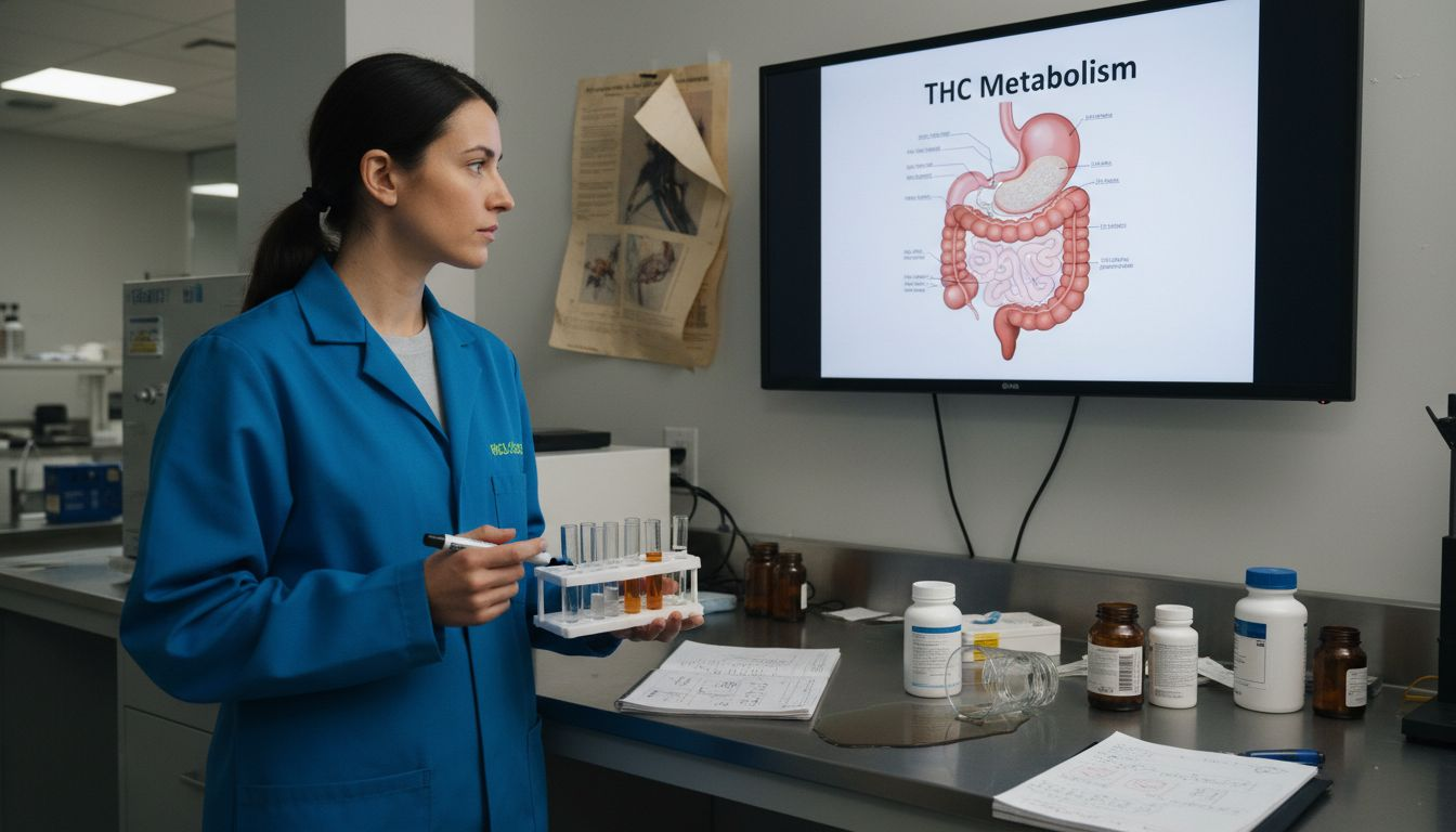 Scientist reviewing THC digestion diagram in lab