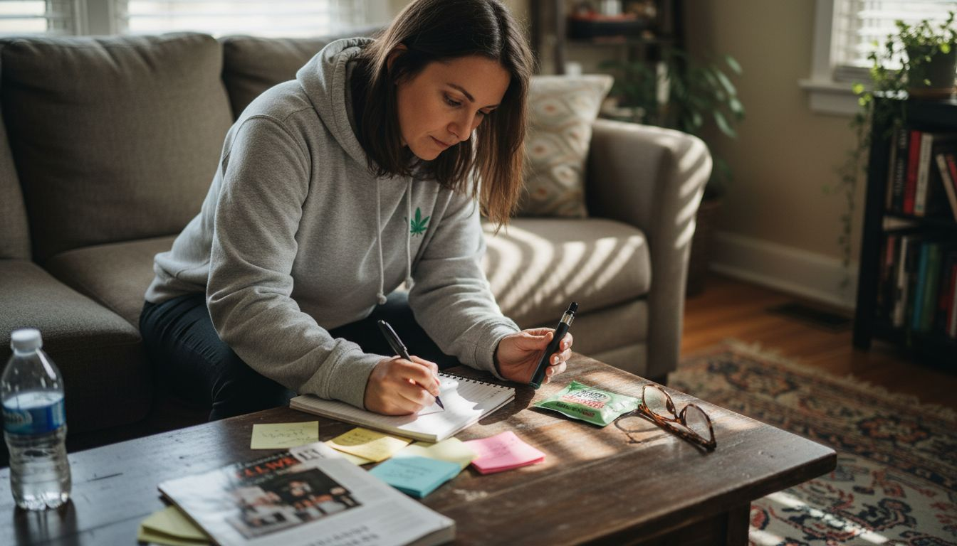 Woman tracking THC use with journal and products