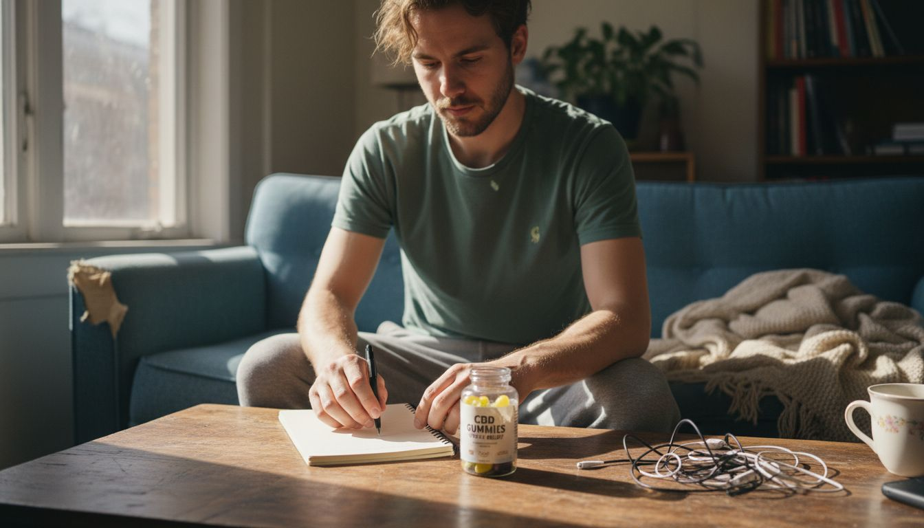 Man prepares journal and gummies on table