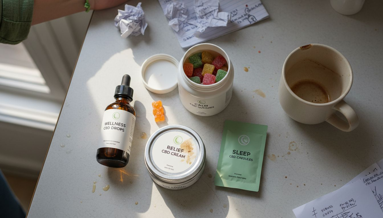Assorted CBD products on kitchen counter