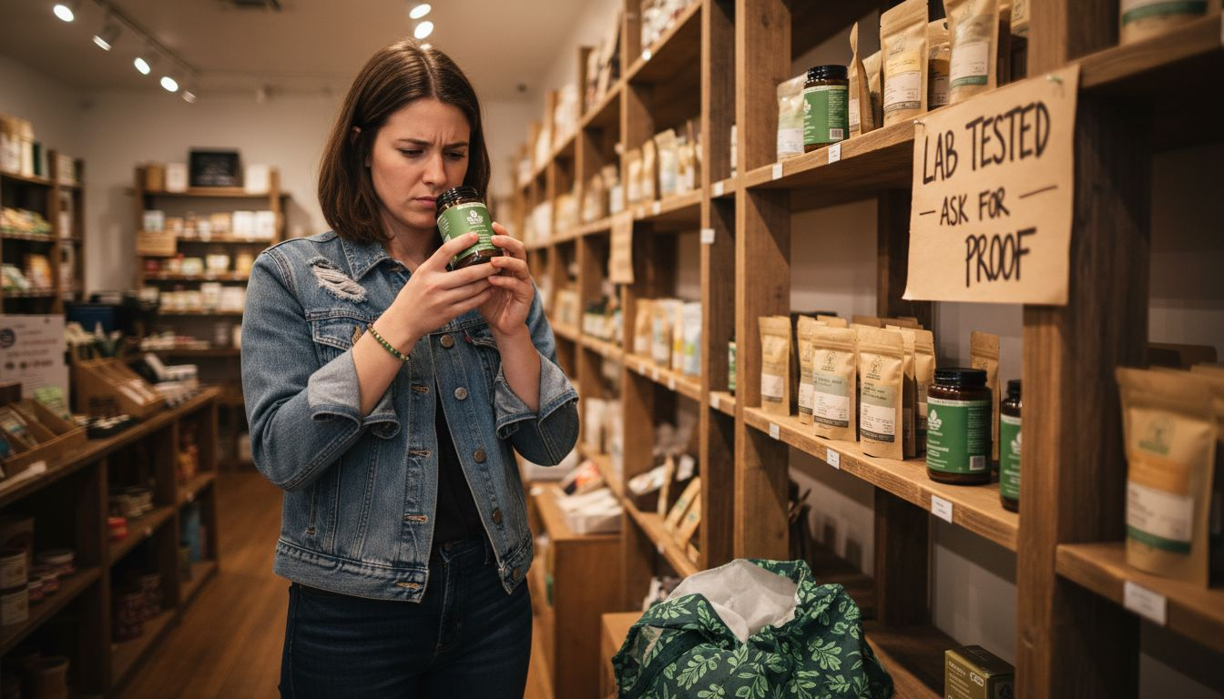 Woman selecting hemp edible in boutique store
