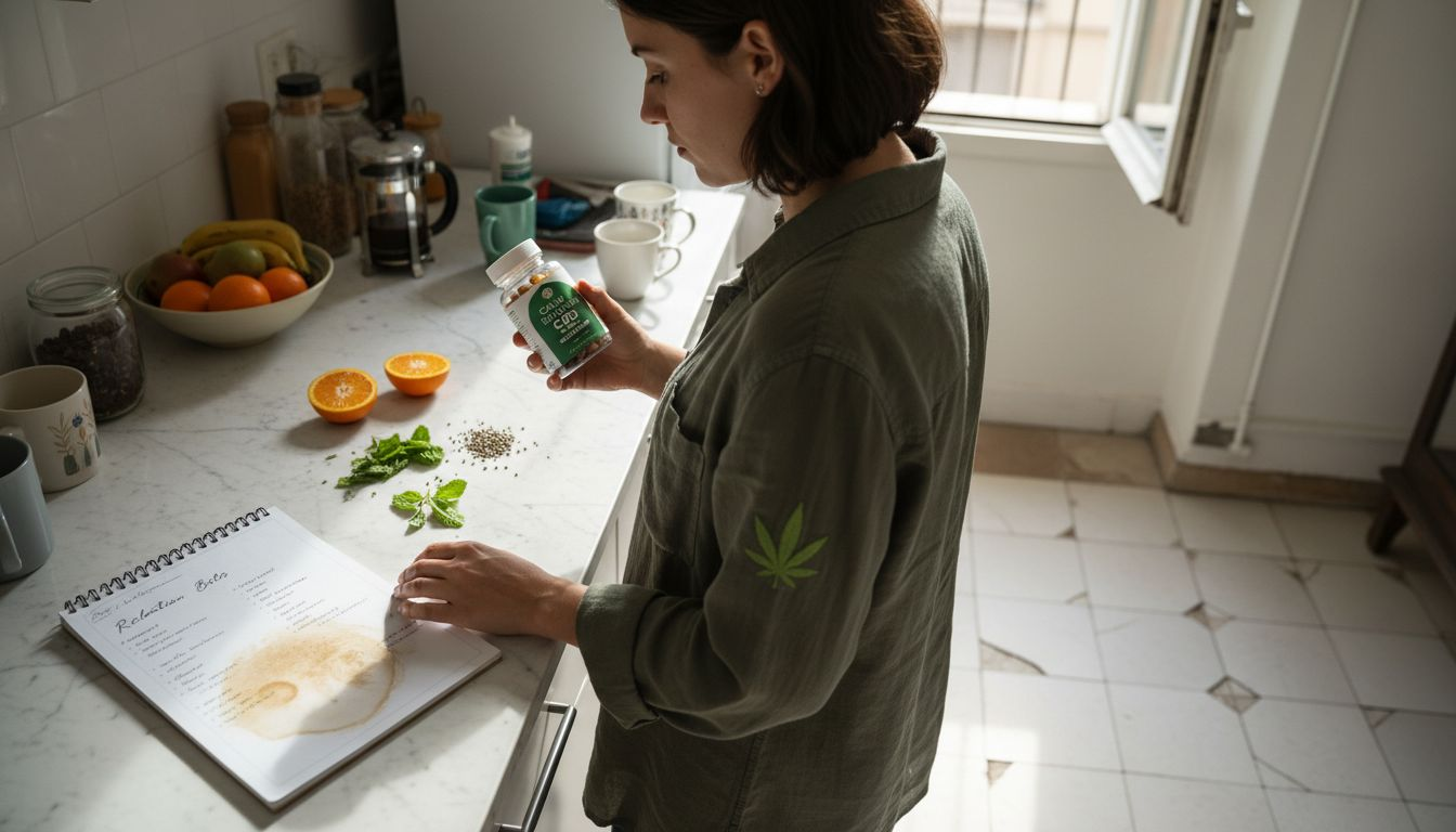 Woman reading CBD gummy label with ingredients