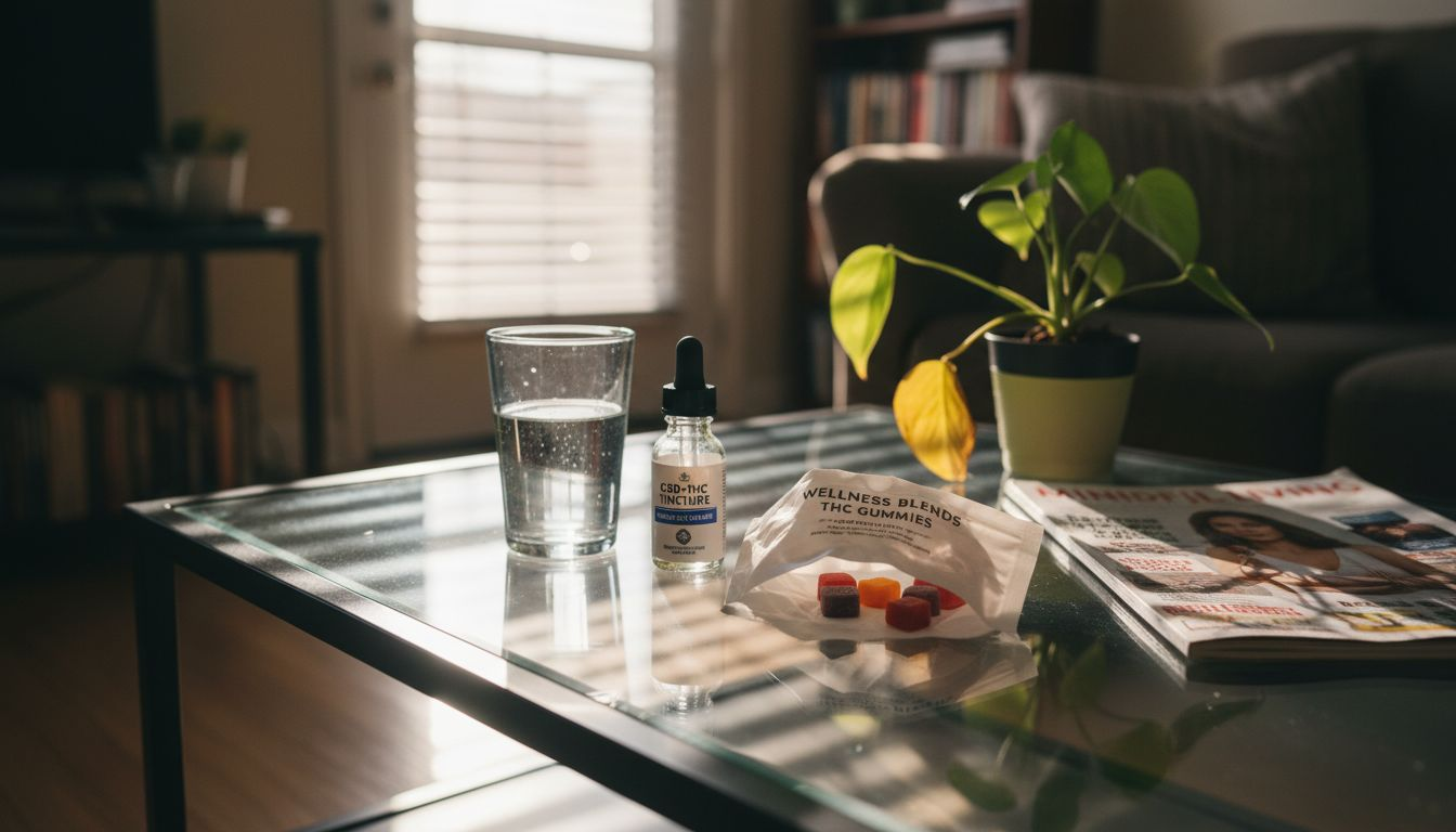 Microdosing products on lived-in coffee table