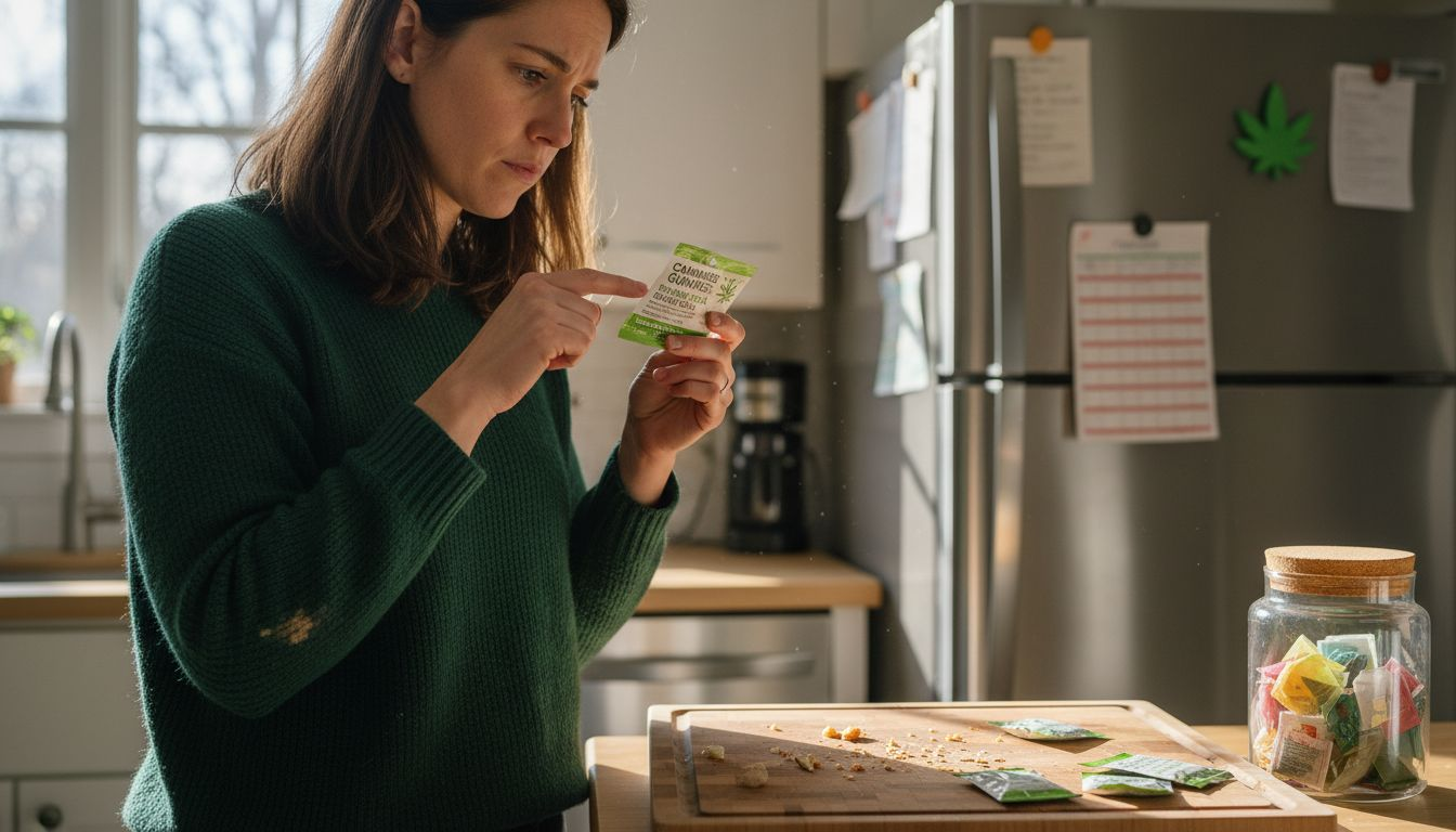 Woman reading THC edibles dosage label