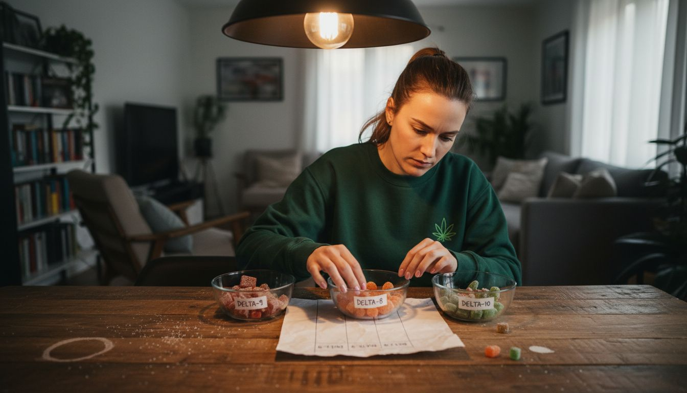 Woman organizing types of THC edibles on table