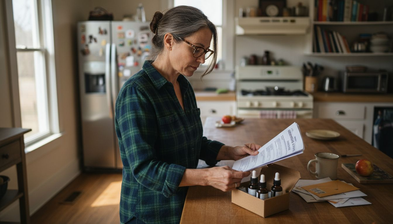 Woman reviewing CBD product certificate at home