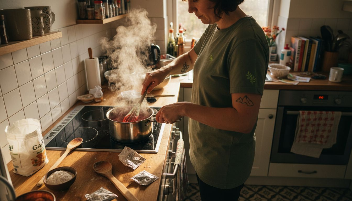 Mixing THC gummy mixture on kitchen stove