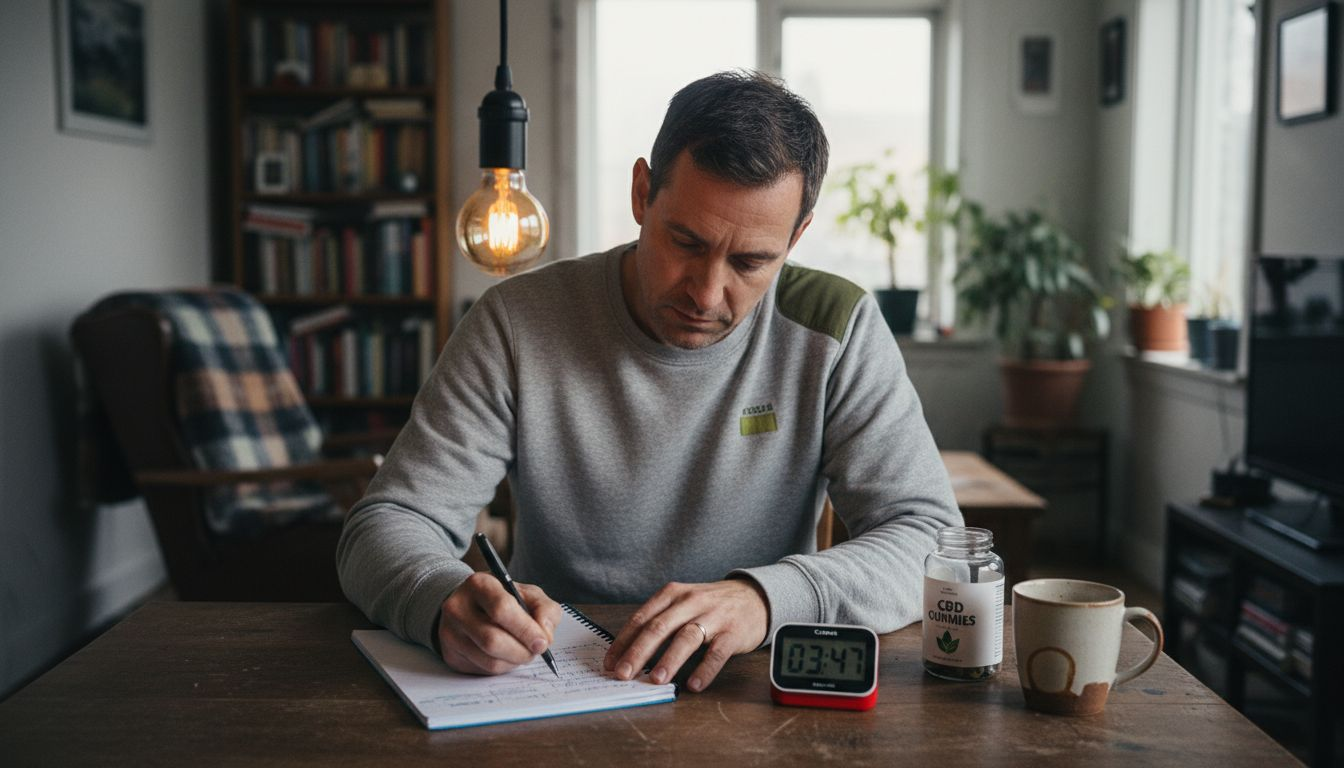 Man logging edible doses at dining table