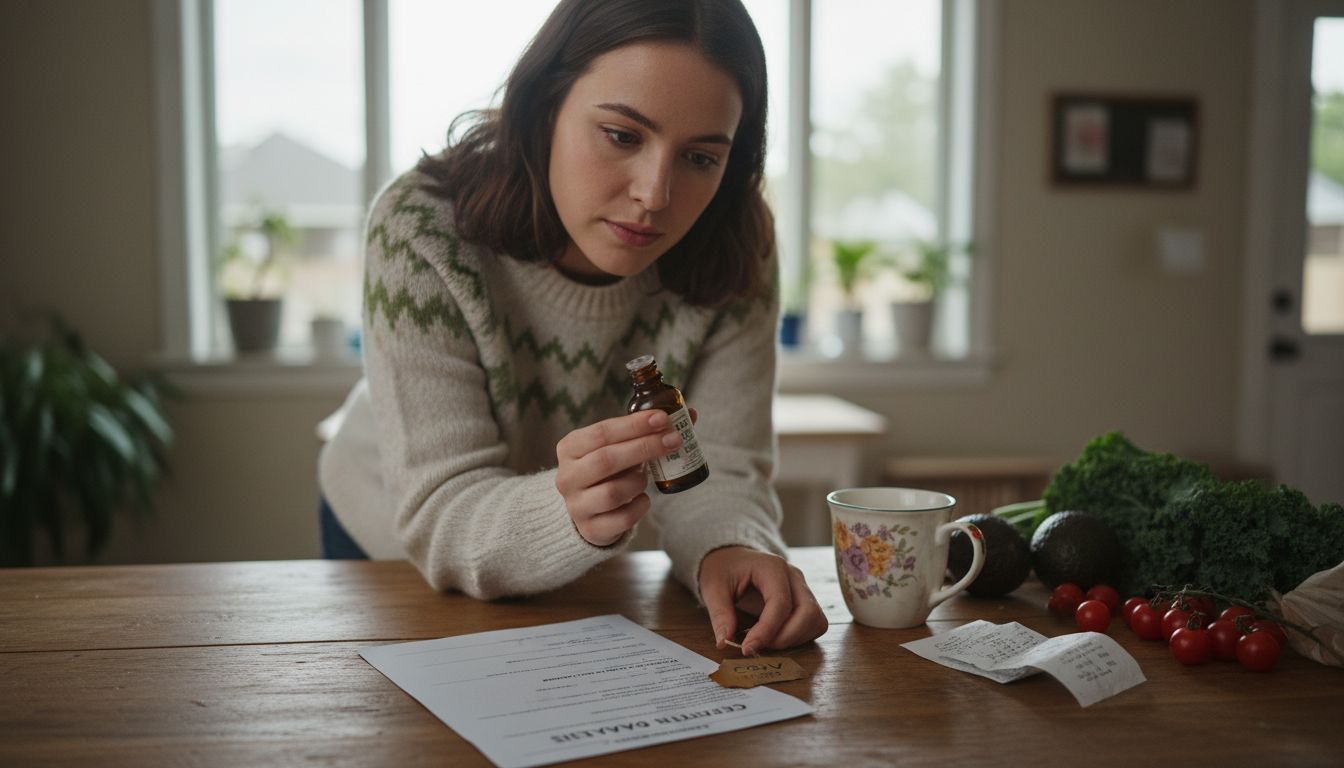 Woman inspecting organic CBD oil documentation