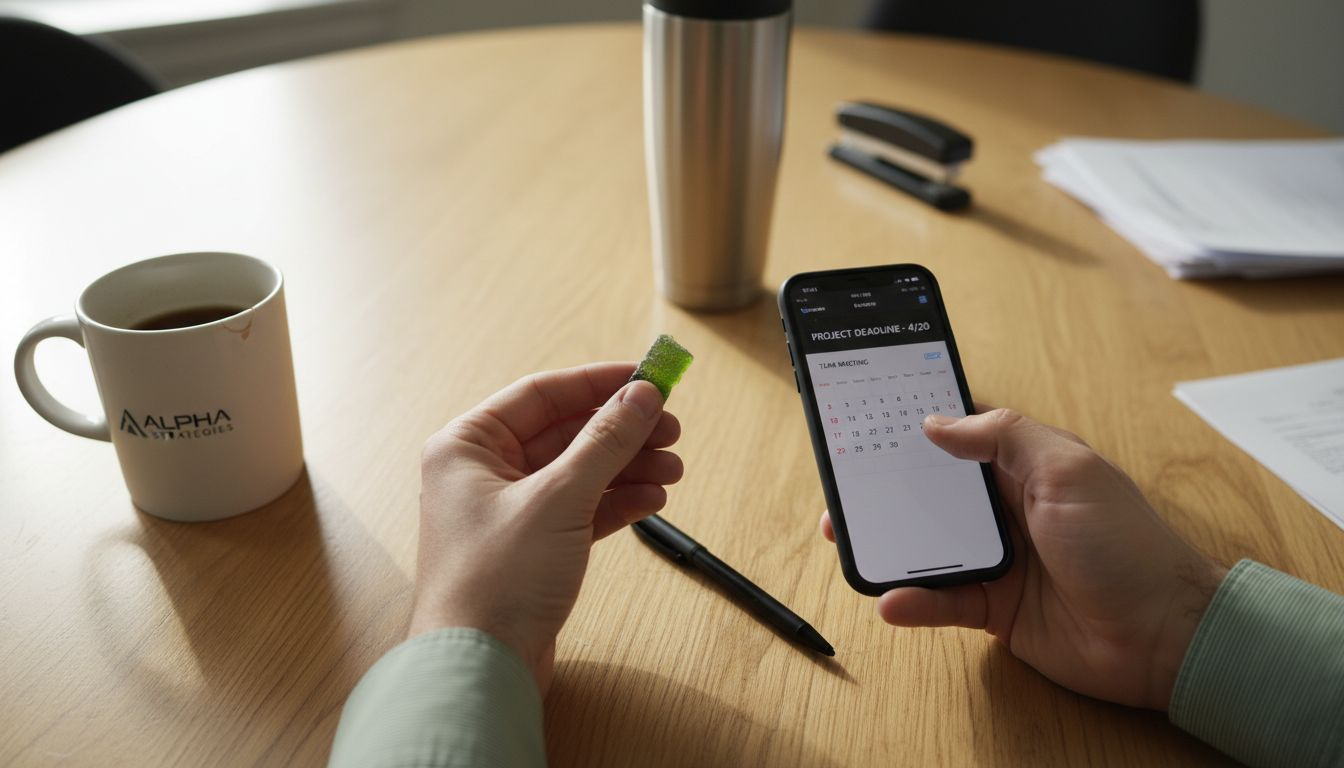 Hands holding sativa gummy and phone at desk