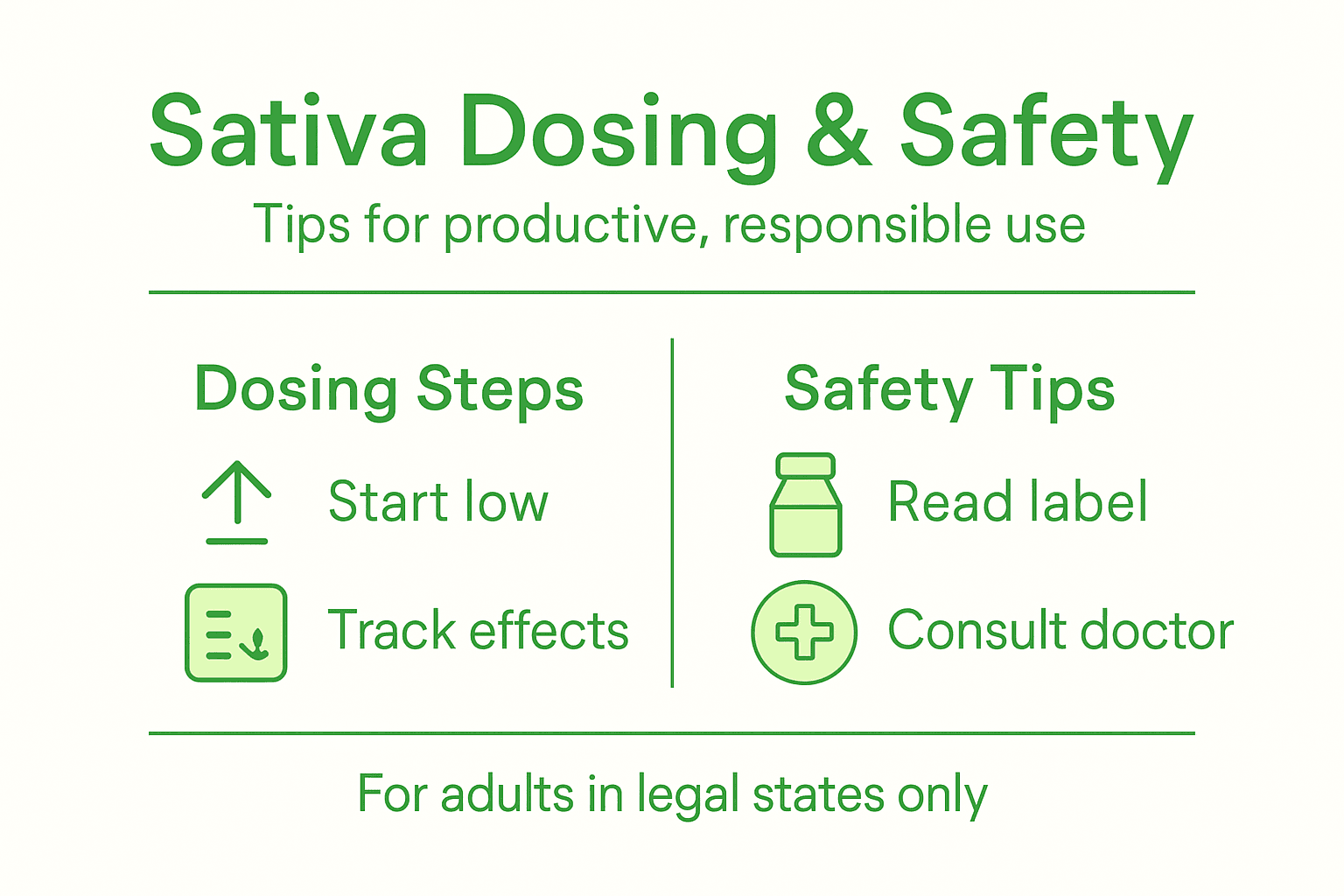 Infographic showing sativa dosing and safety steps