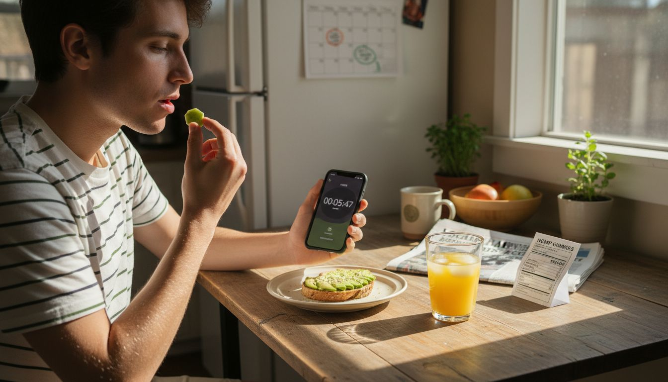 Person about to eat hemp gummy at kitchen table