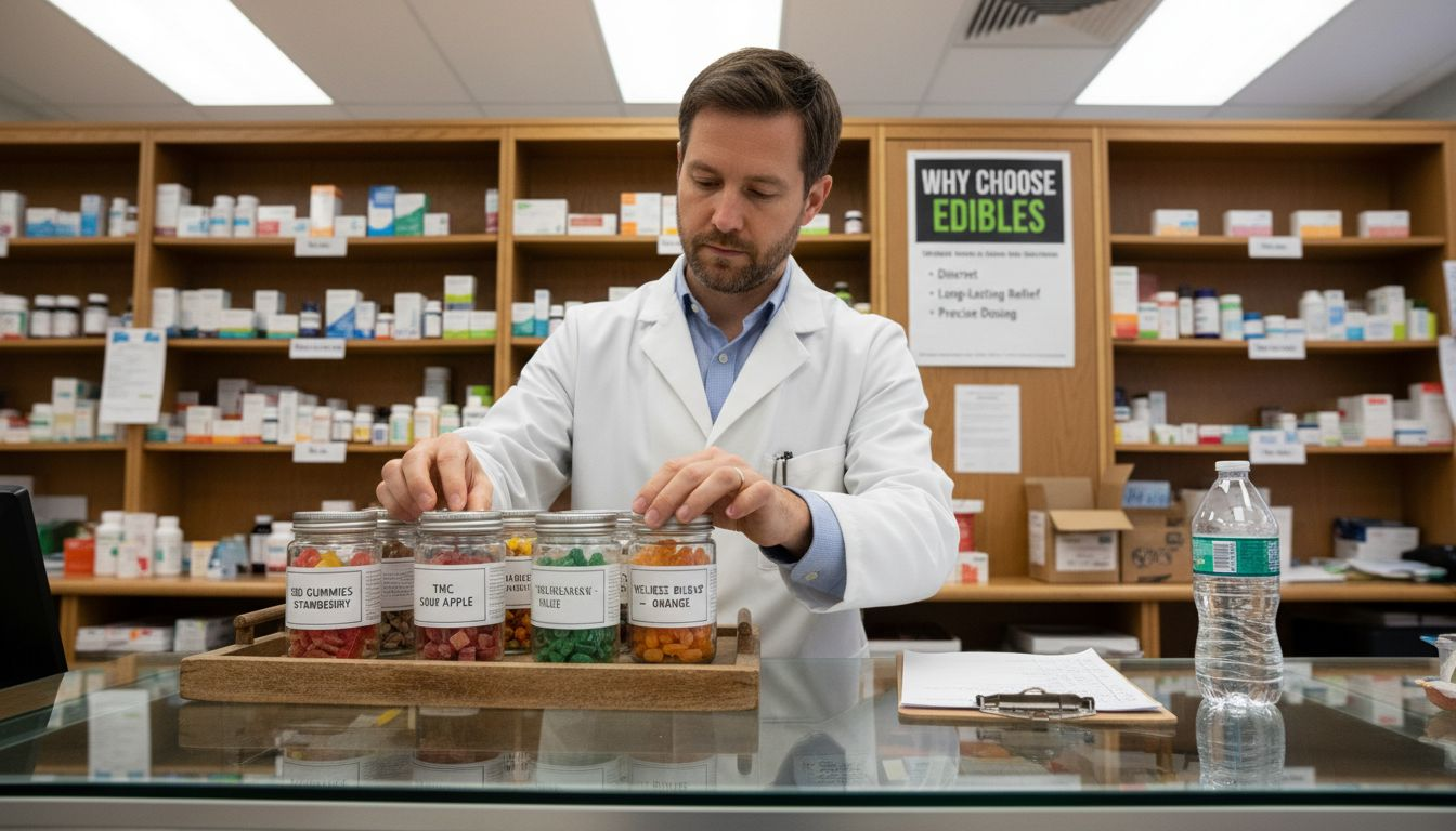 Pharmacist displaying cannabis gummies for health