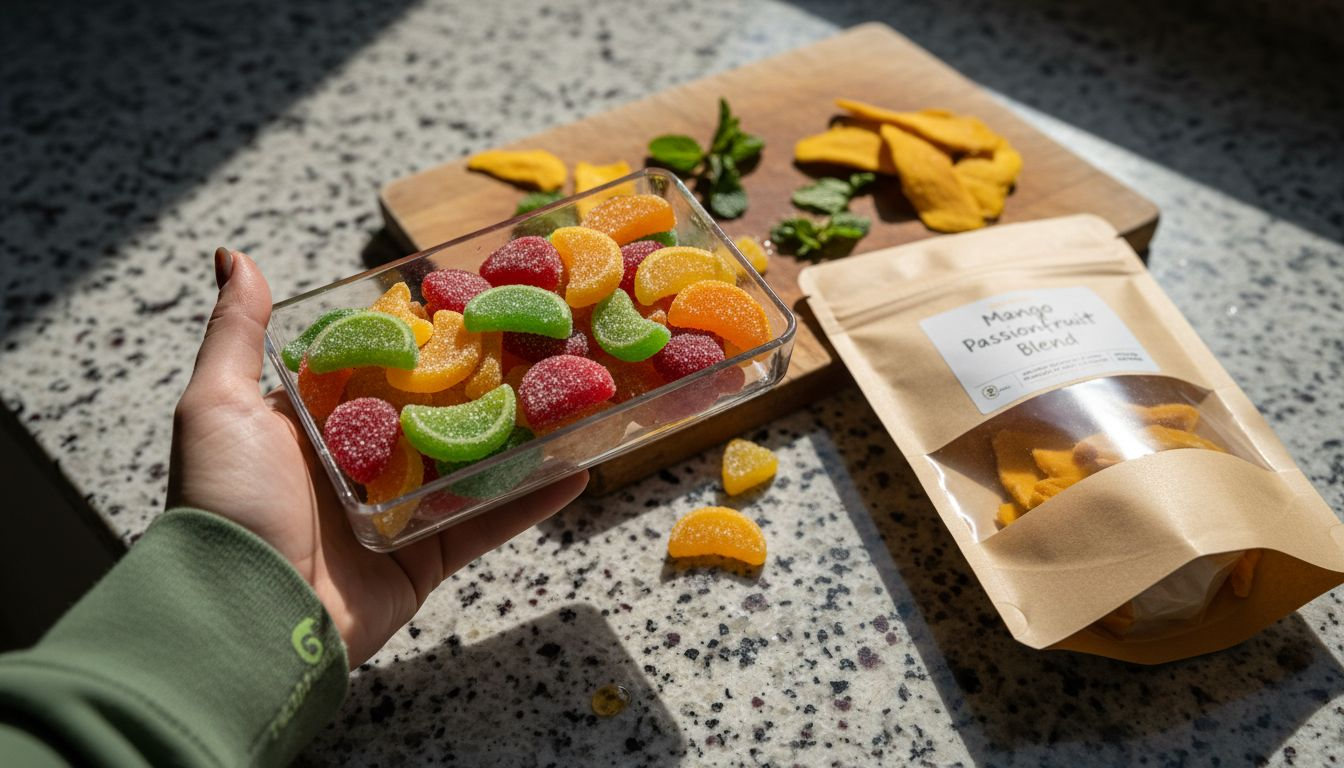 Assorted cannabis gummies and fruit ingredients