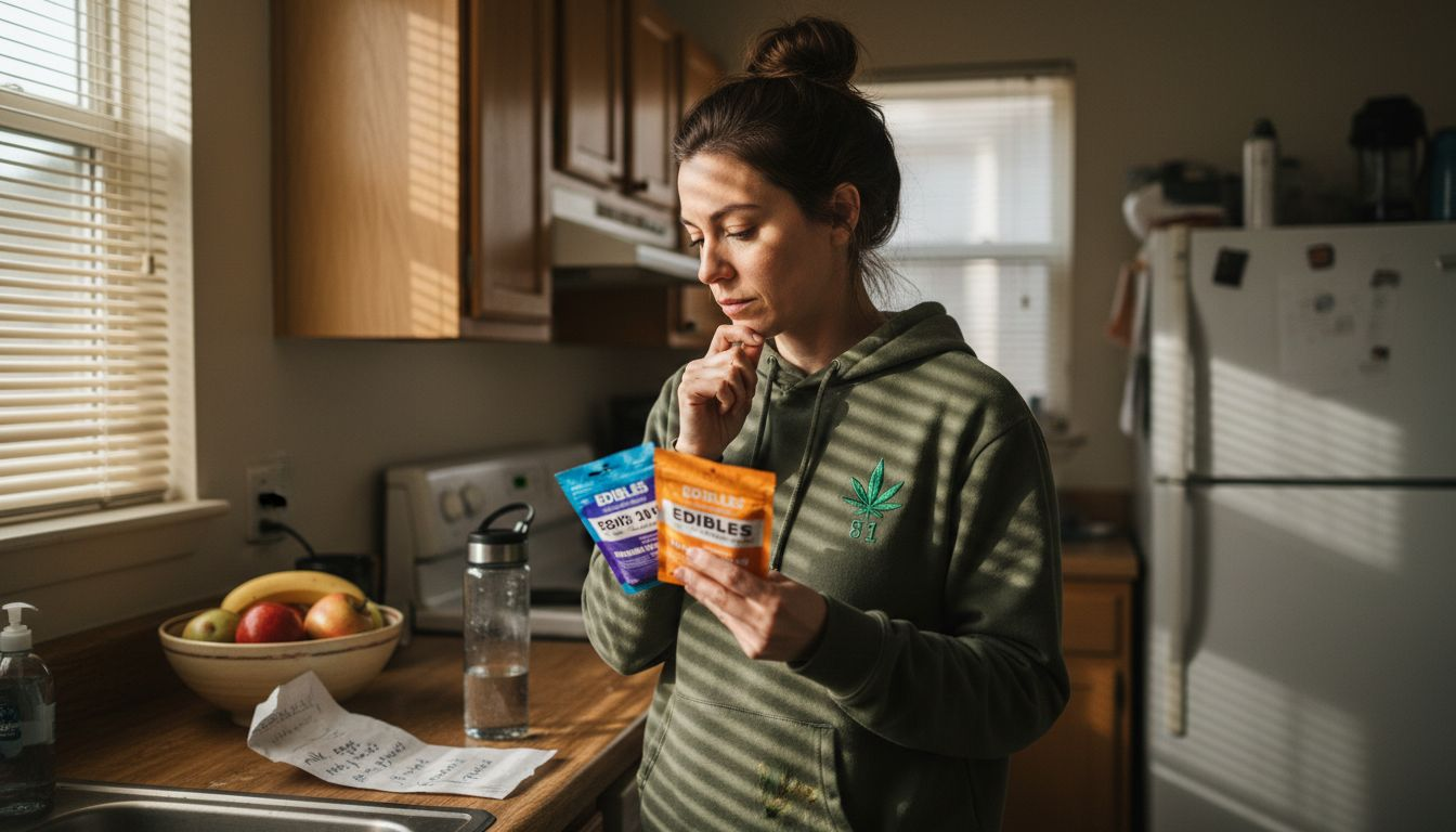 Woman comparing CBD and THC edible ratios