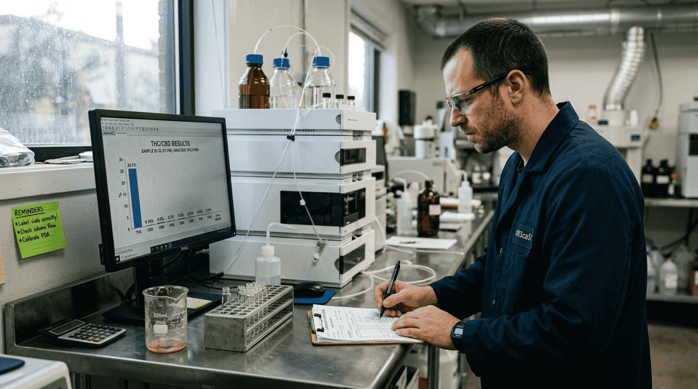 Analyst checking cannabis potency on chromatography equipment