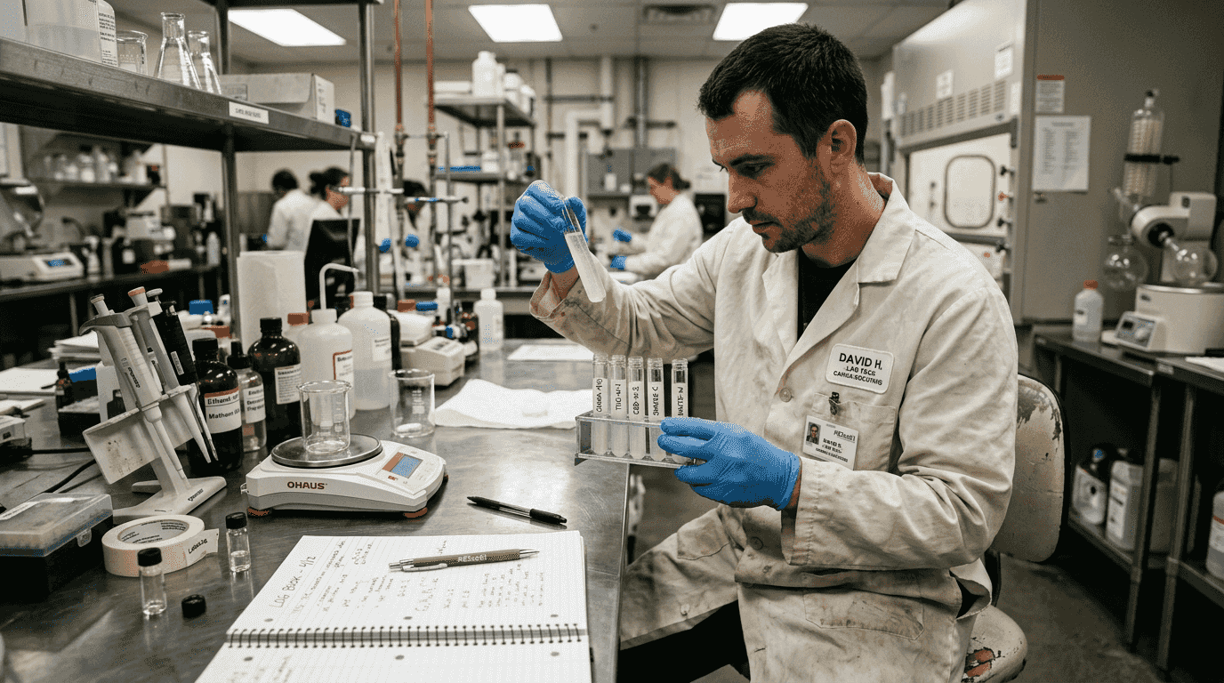 Lab technician analyzing nano THC emulsions