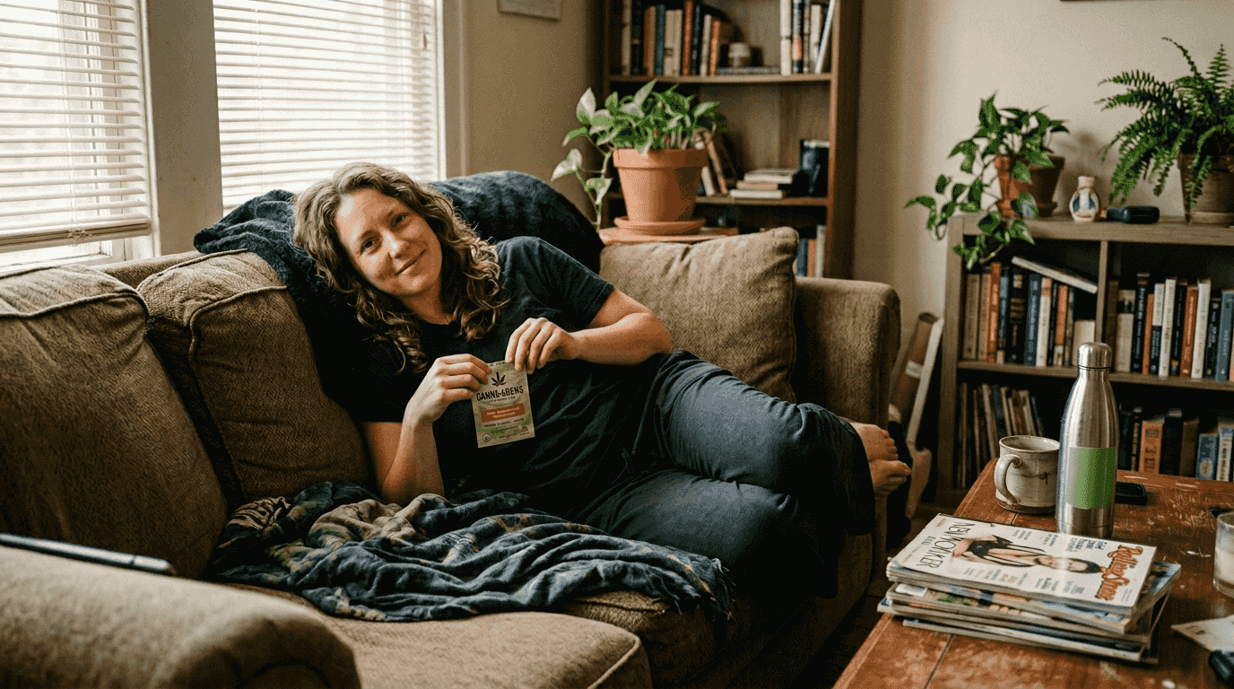 Woman holding cannabis edible in living room