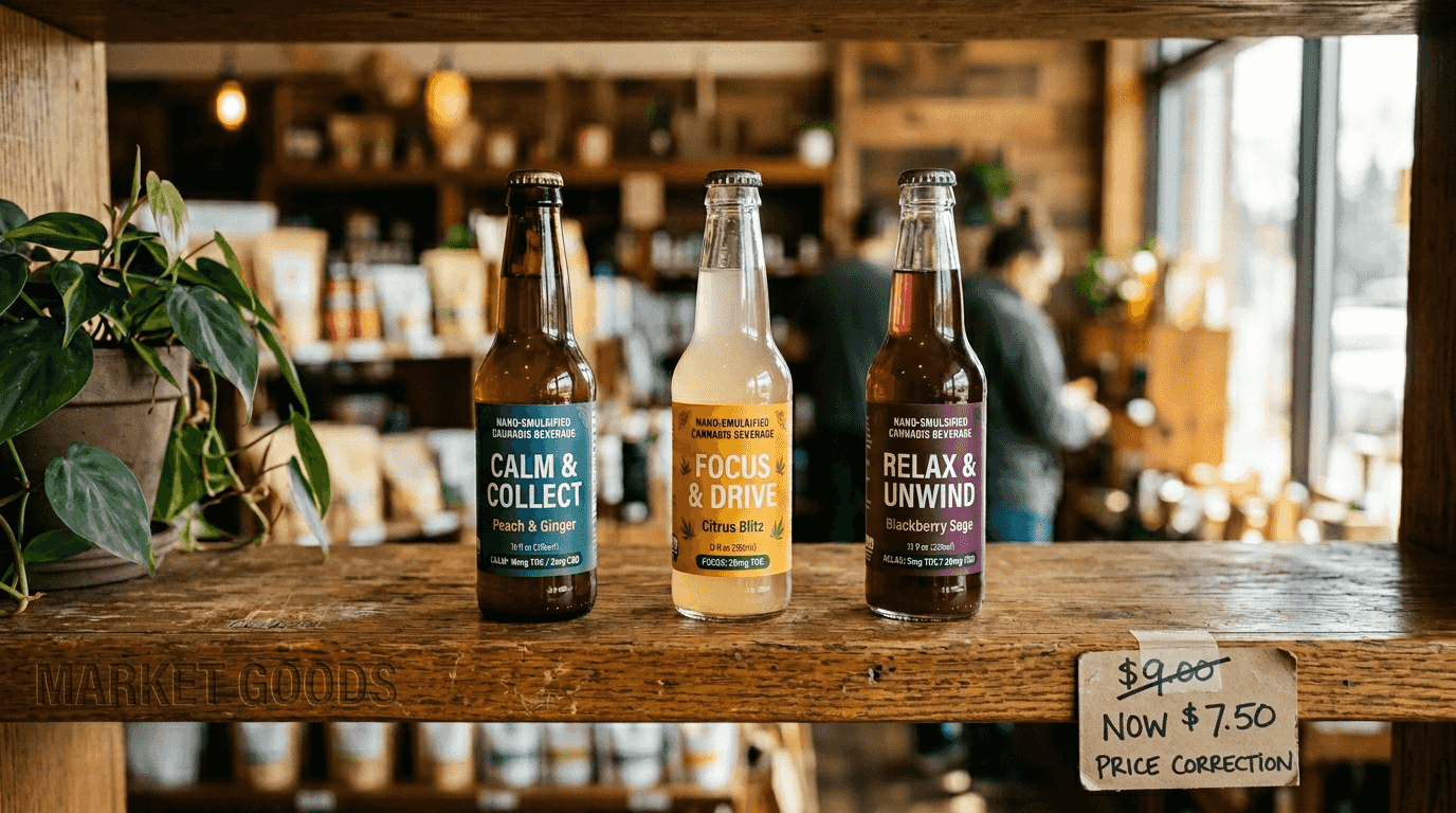 Varieties of nano-emulsified cannabis beverages on shelf