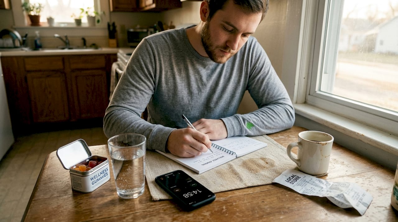 Man recording edible dose in kitchen journal