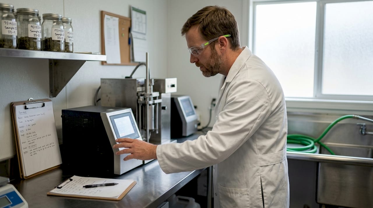 Technician monitors CO2 hemp extraction process