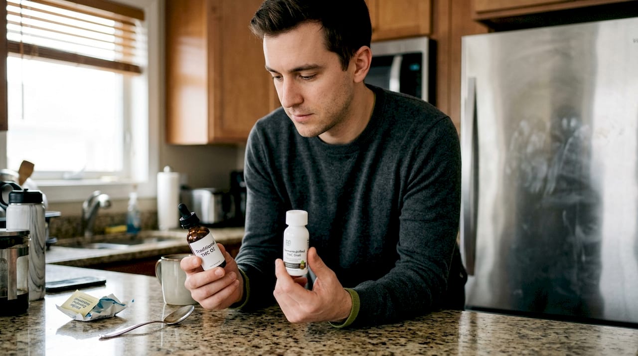 Man comparing THC oil and nano drink