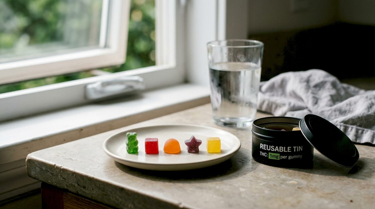 Assorted cannabis gummies on kitchen counter