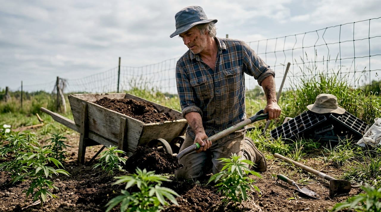 Farmer applying compost to hemp farm soil
