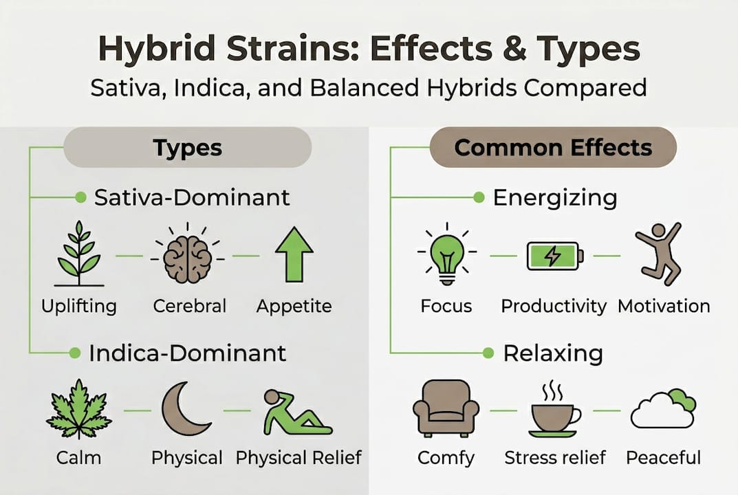 Infographic showing types and effects of hybrid cannabis