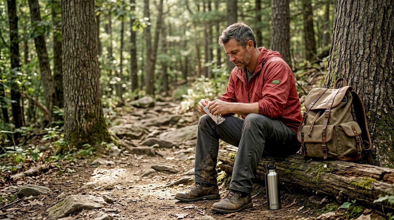 Hiker taking edible break on forest trail