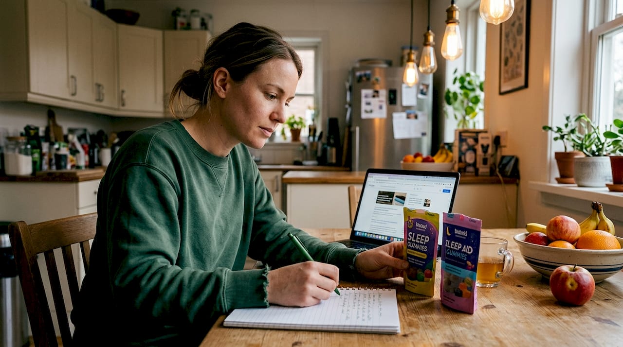 Comparing two sleep gummies packages at kitchen table