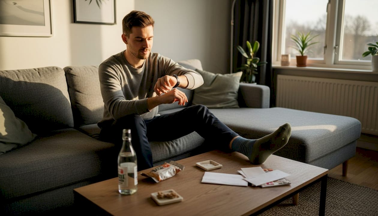 Man waiting for edible effects on sofa