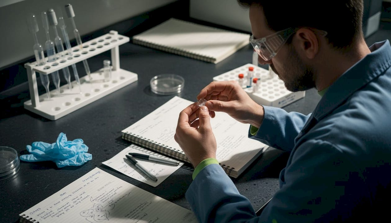 Lab technician examining CBD sample in laboratory