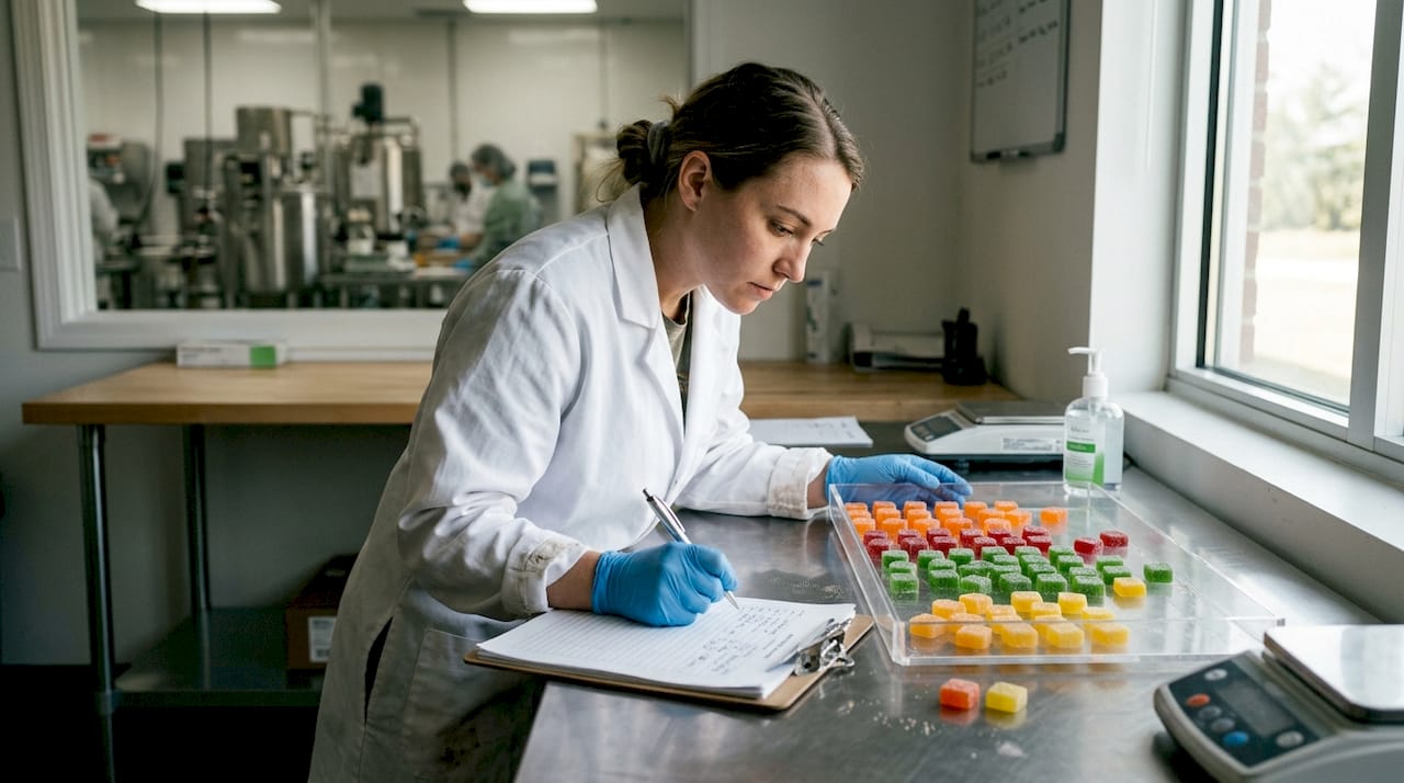 Specialist inspecting microbatch edibles in lab