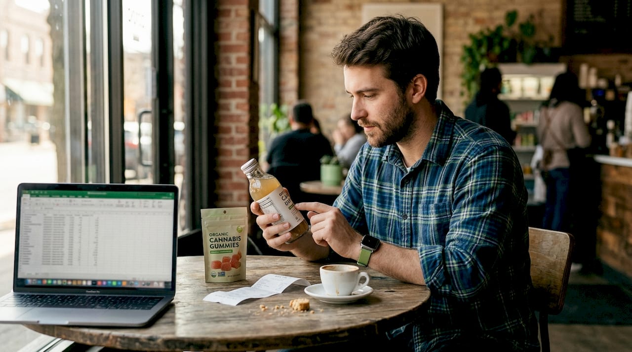 Man comparing gummies and cannabis beverages