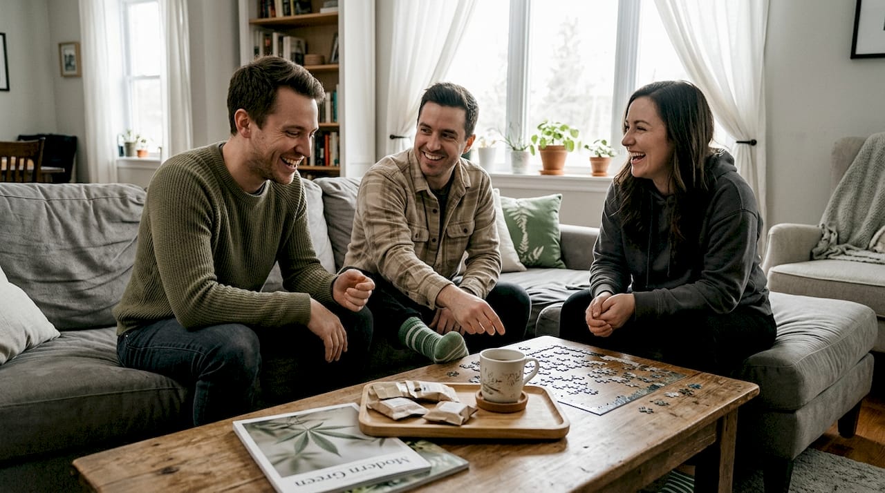 Friends sharing cannabis edibles in living room