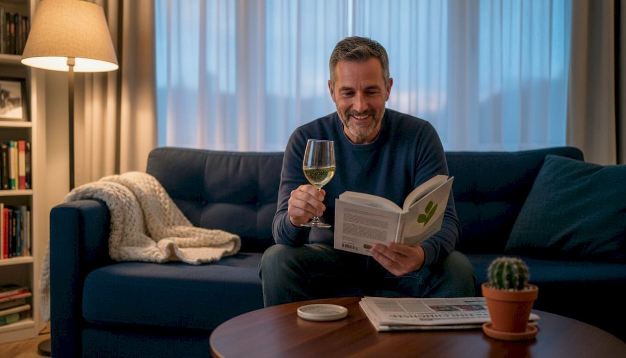 Man enjoying THC beverage reading on sofa