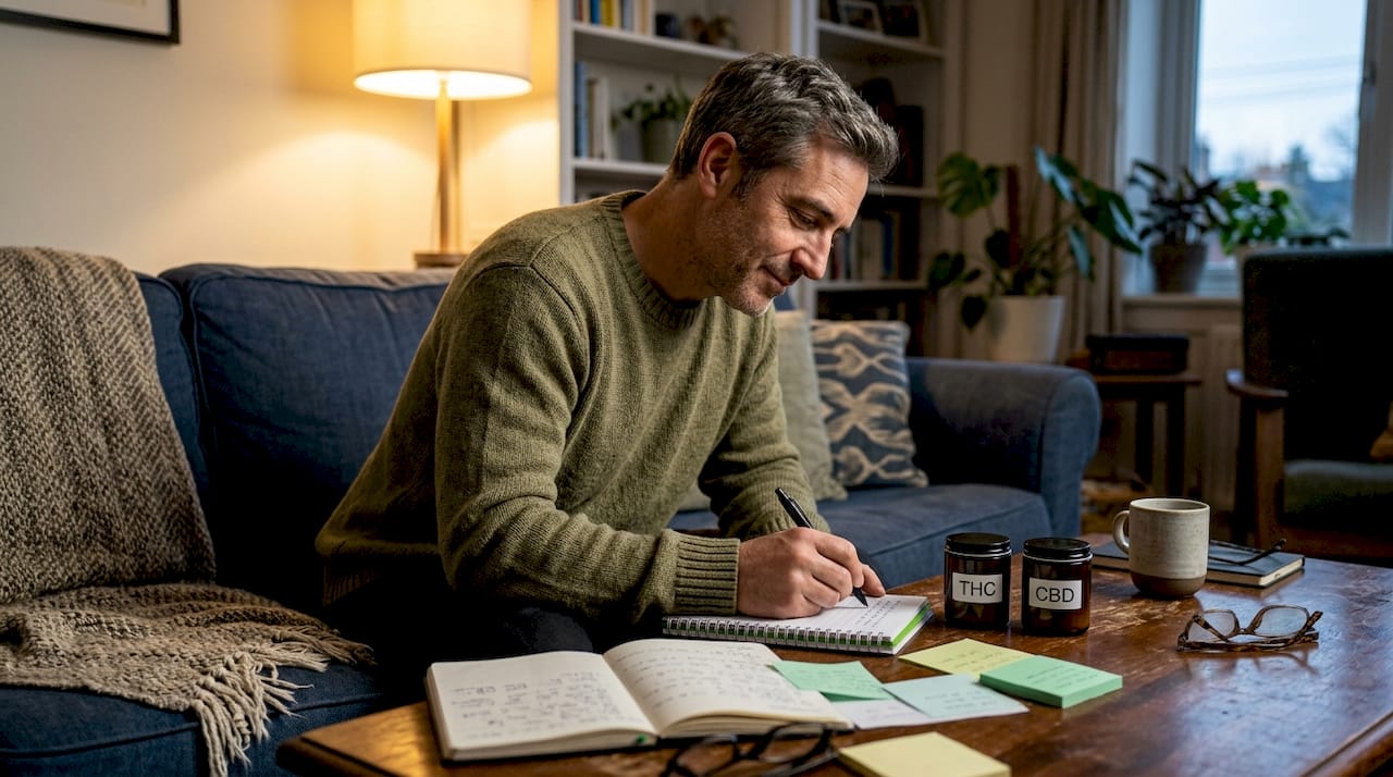 Man tracking THC and CBD effects in journal
