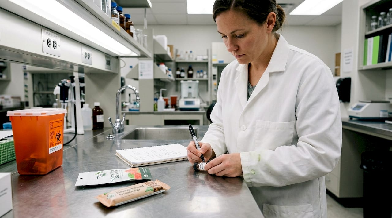 Lab technician labeling hemp edible sample vial