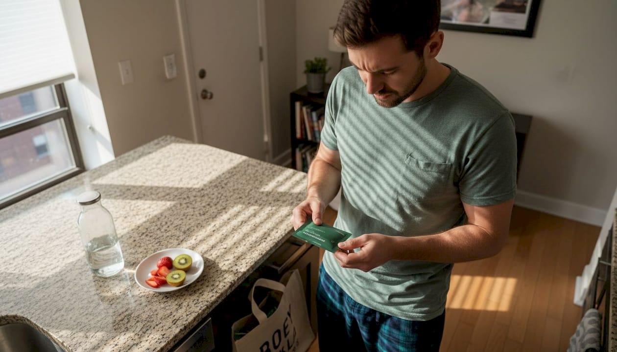 Man reading package of THC nano edibles
