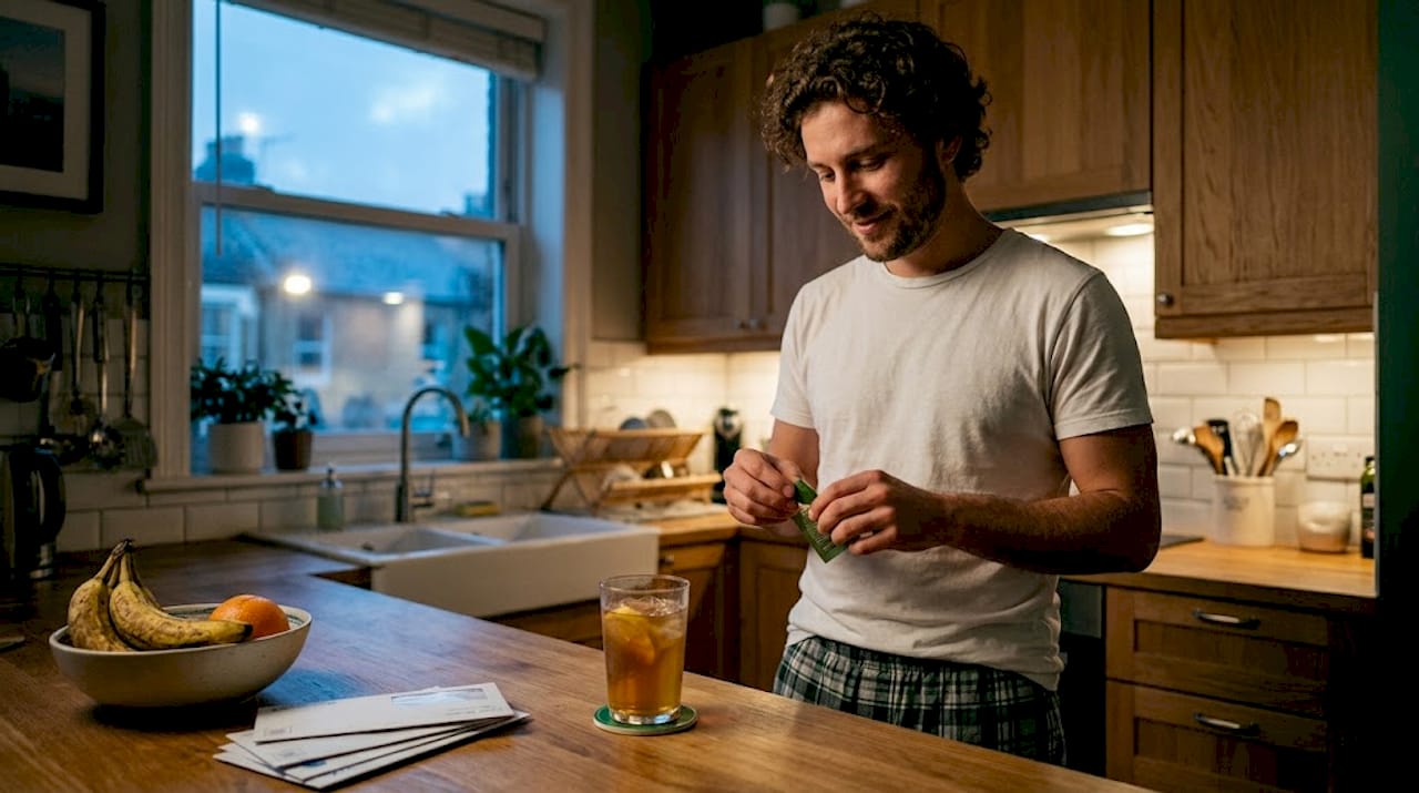 Man choosing CBD gummies and drink at night