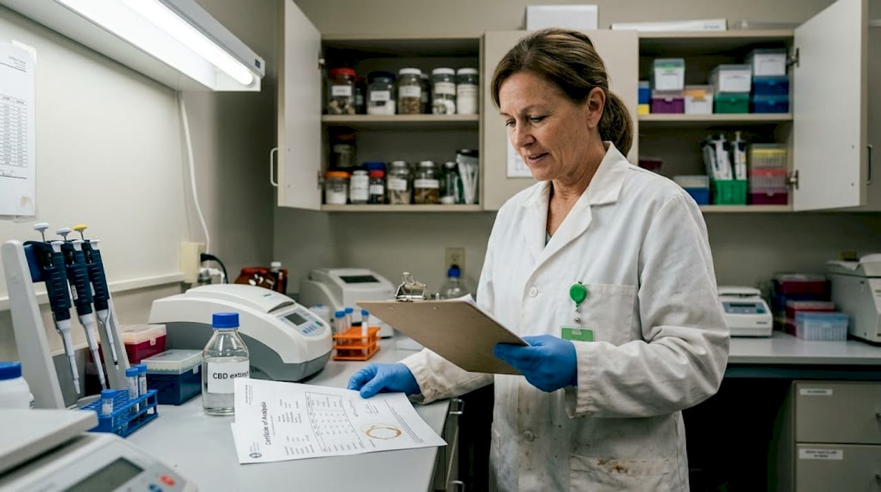 Lab technician reviewing CBD certificate